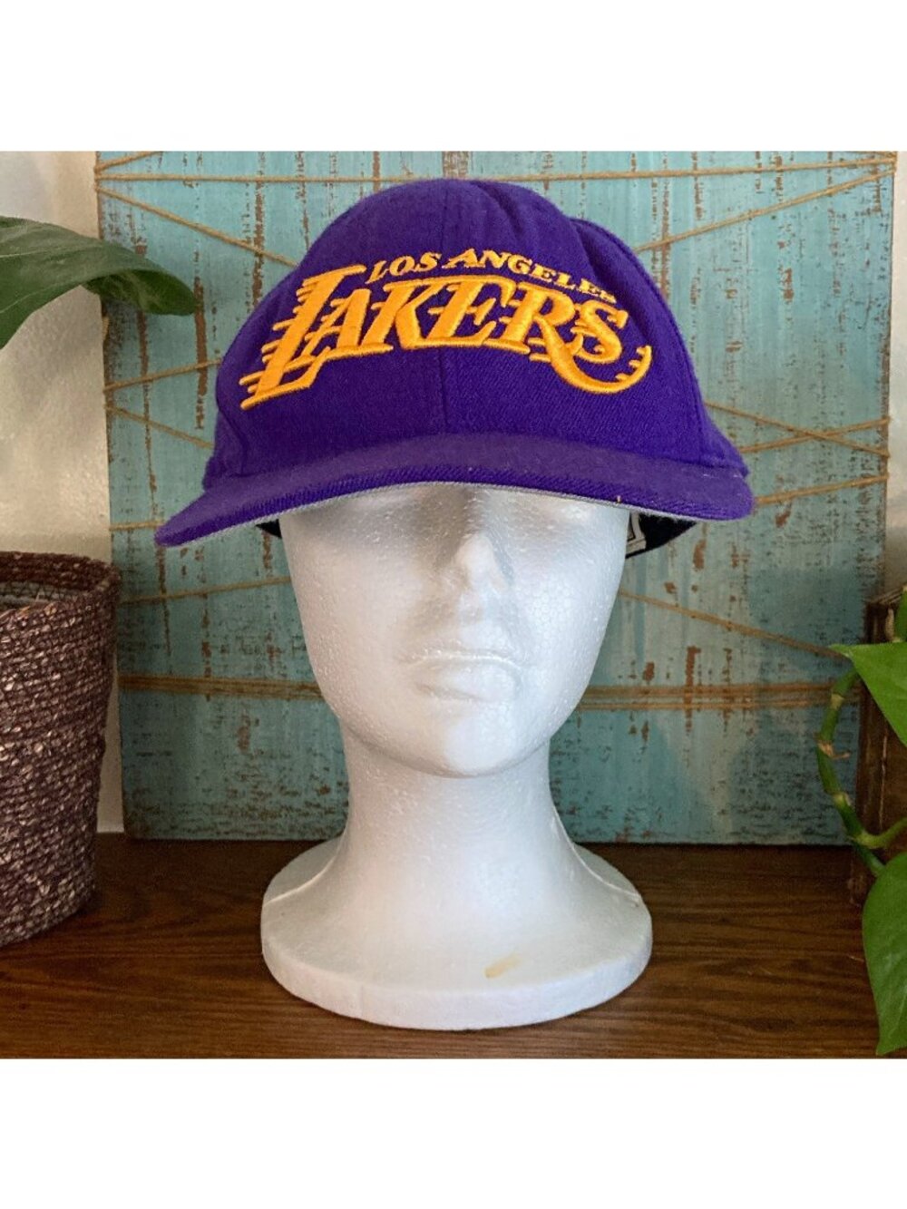 Vintage Style Mitchell and Ness fitted 7 5/8 Lakers 90s Style Script Purple Gold